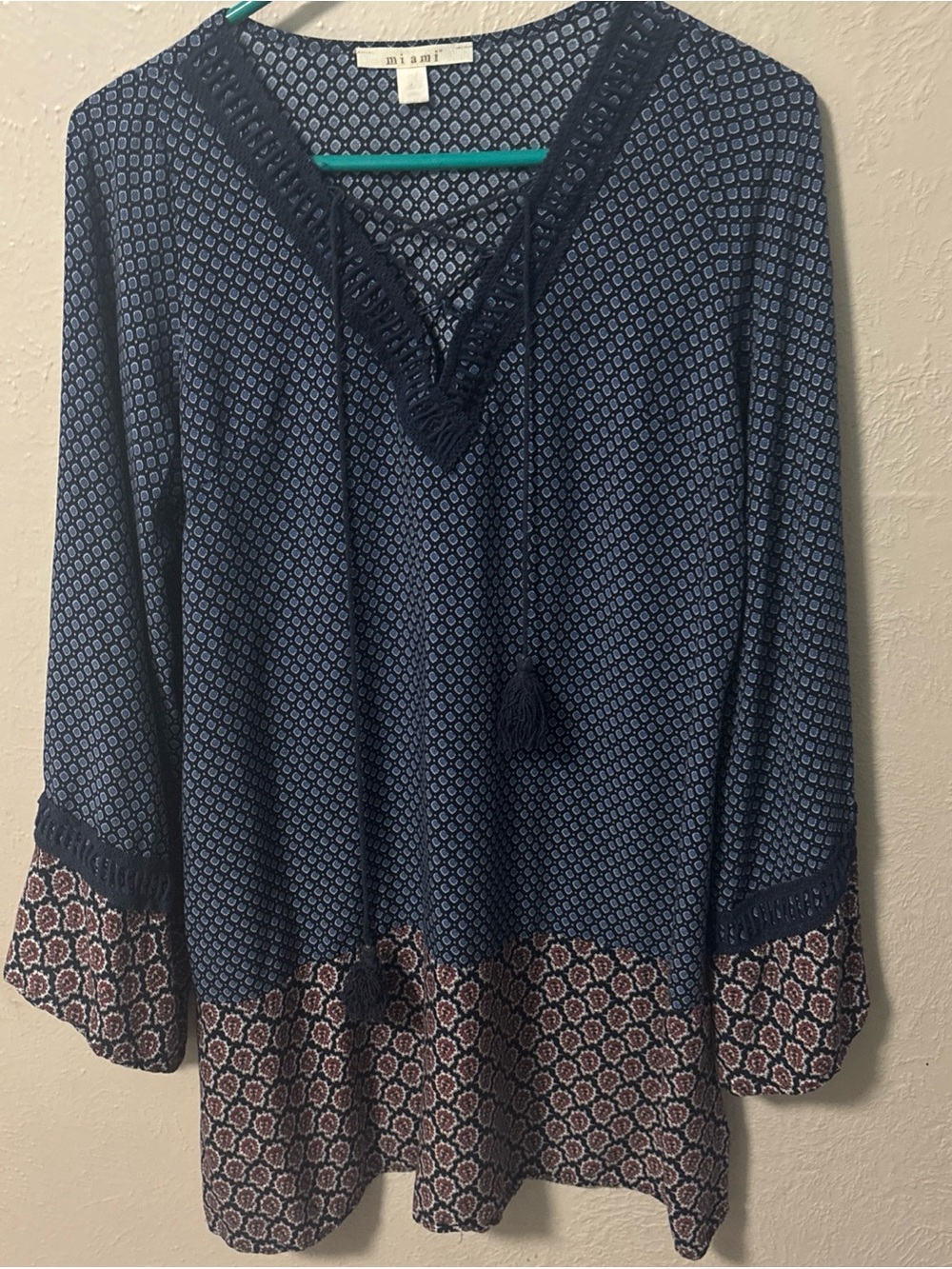 Boho Navy Patterned V-Neck Tassel Women’s size M Mini Dress